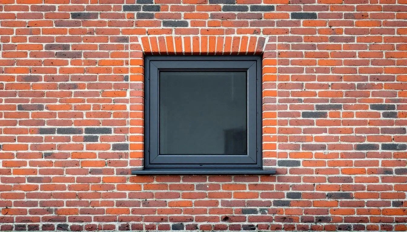 Antraciet kunststof kozijn in een bakstenen gevel